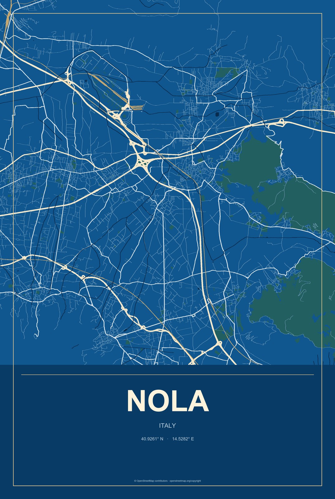 Nola, Italy City Map Aluminum Sign in Harbor Cobalt style