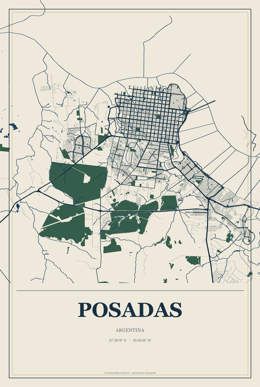 Posadas, Argentina City Map Aluminum Sign in Coastal Cutout style