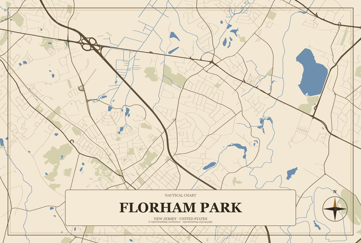 Florham Park, New Jersey City Map Aluminum Sign in Heritage Nautical style