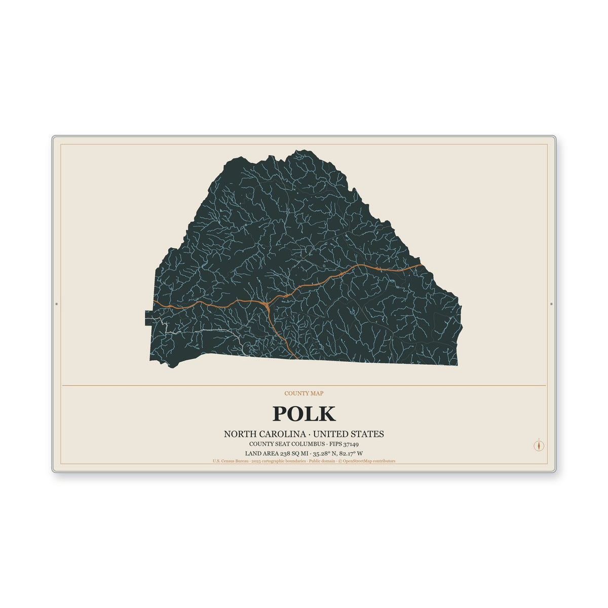 Polk County, North Carolina Map Aluminum Sign in Headline Atlas style