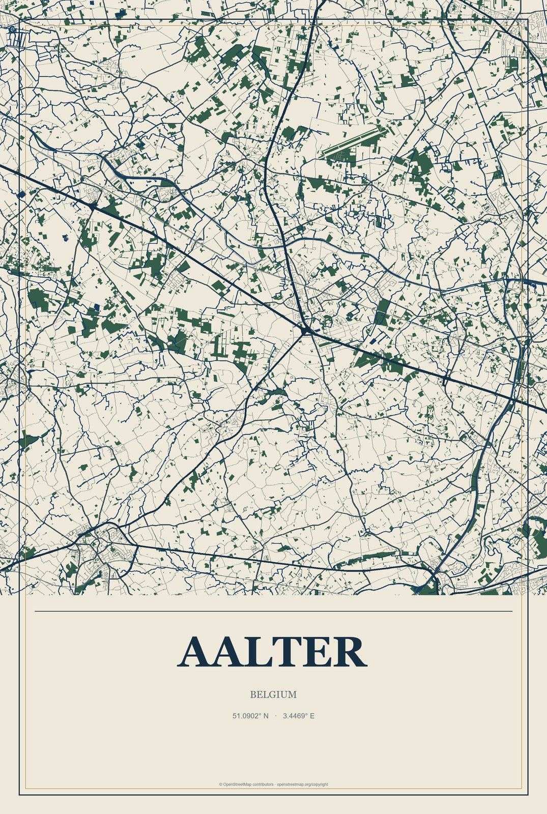 Aalter, Belgium City Map Aluminum Sign in Coastal Cutout style
