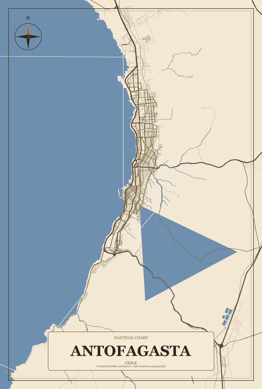 Antofagasta, Chile City Map Aluminum Sign in Heritage Nautical style