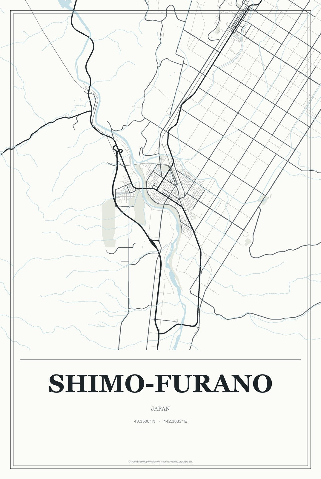 Shimo-furano, Japan City Map Aluminum Sign in Gallery Air style