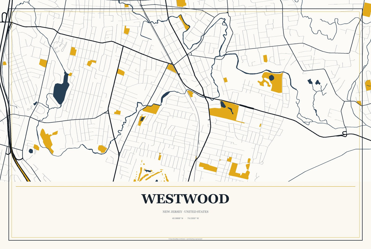 Westwood, New Jersey City Map Aluminum Sign in Citrine Modern style
