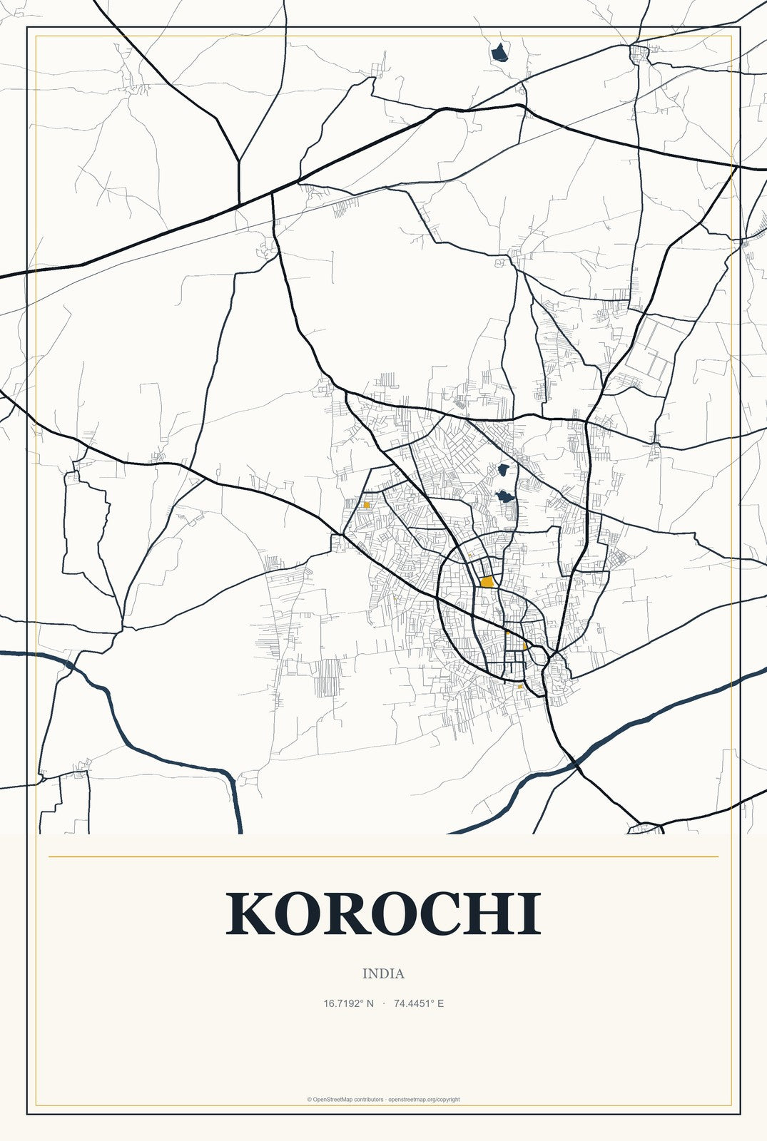 Korochi, India City Map Aluminum Sign in Citrine Modern style