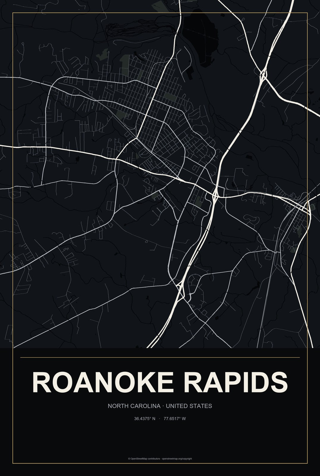 Roanoke Rapids, North Carolina City Map Aluminum Sign in Metropolitan Noir style