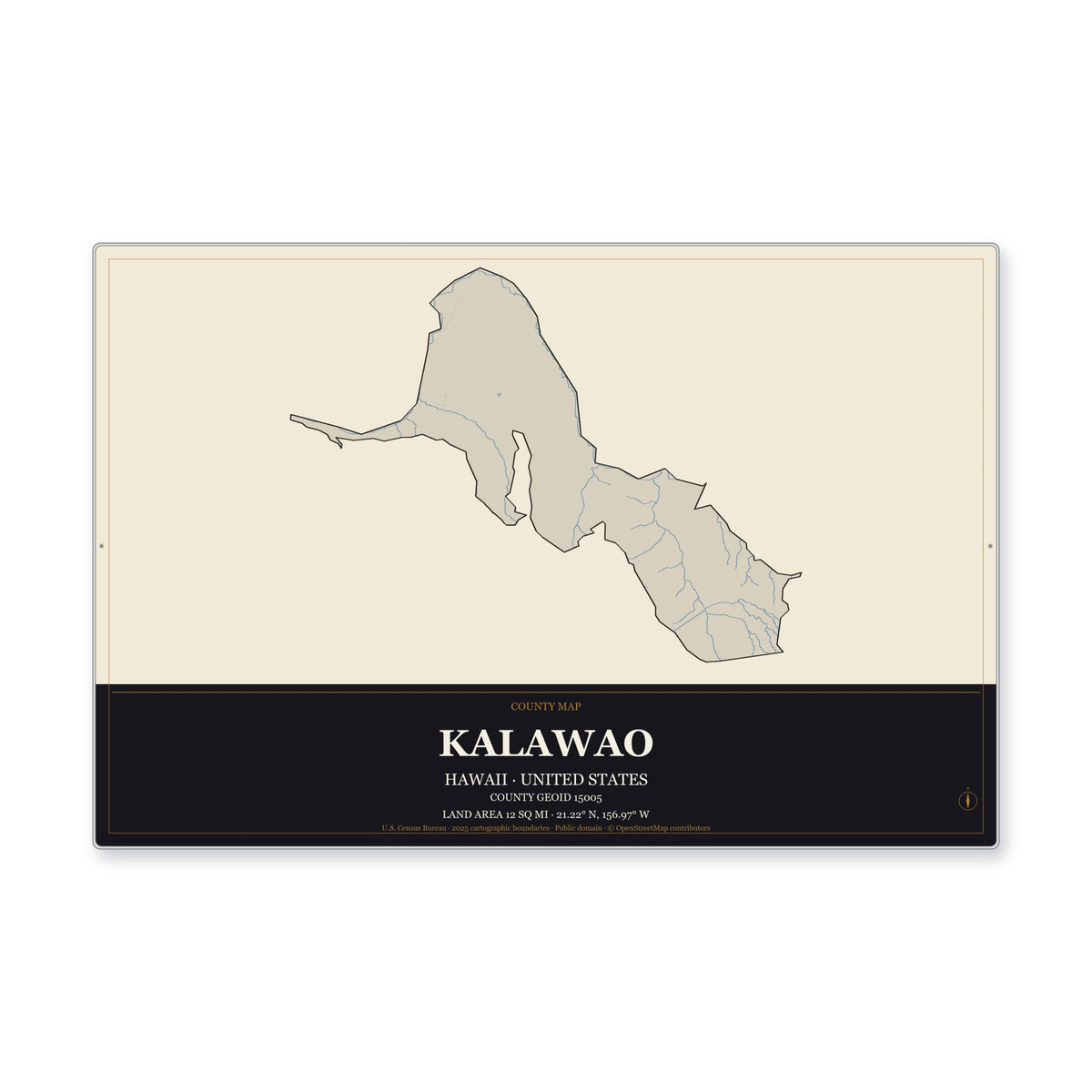 Kalawao County, Hawaii Map Aluminum Sign in Museum Plaque style