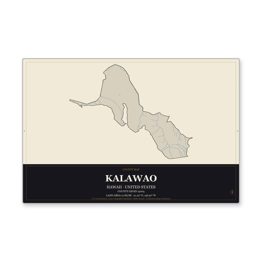 Kalawao County, Hawaii Map Aluminum Sign in Museum Plaque style