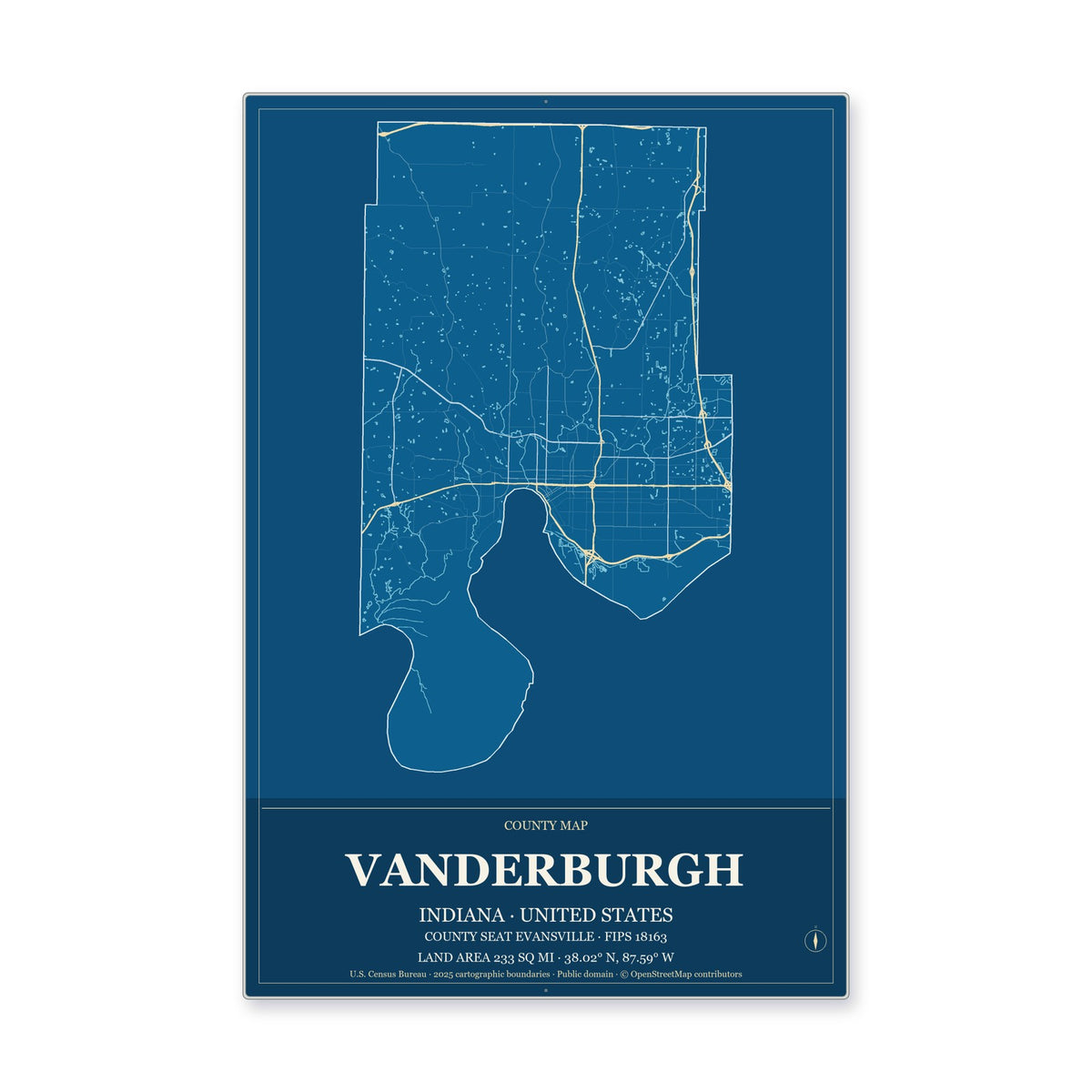 Vanderburgh County, Indiana Map Aluminum Sign in Harbor Cobalt style