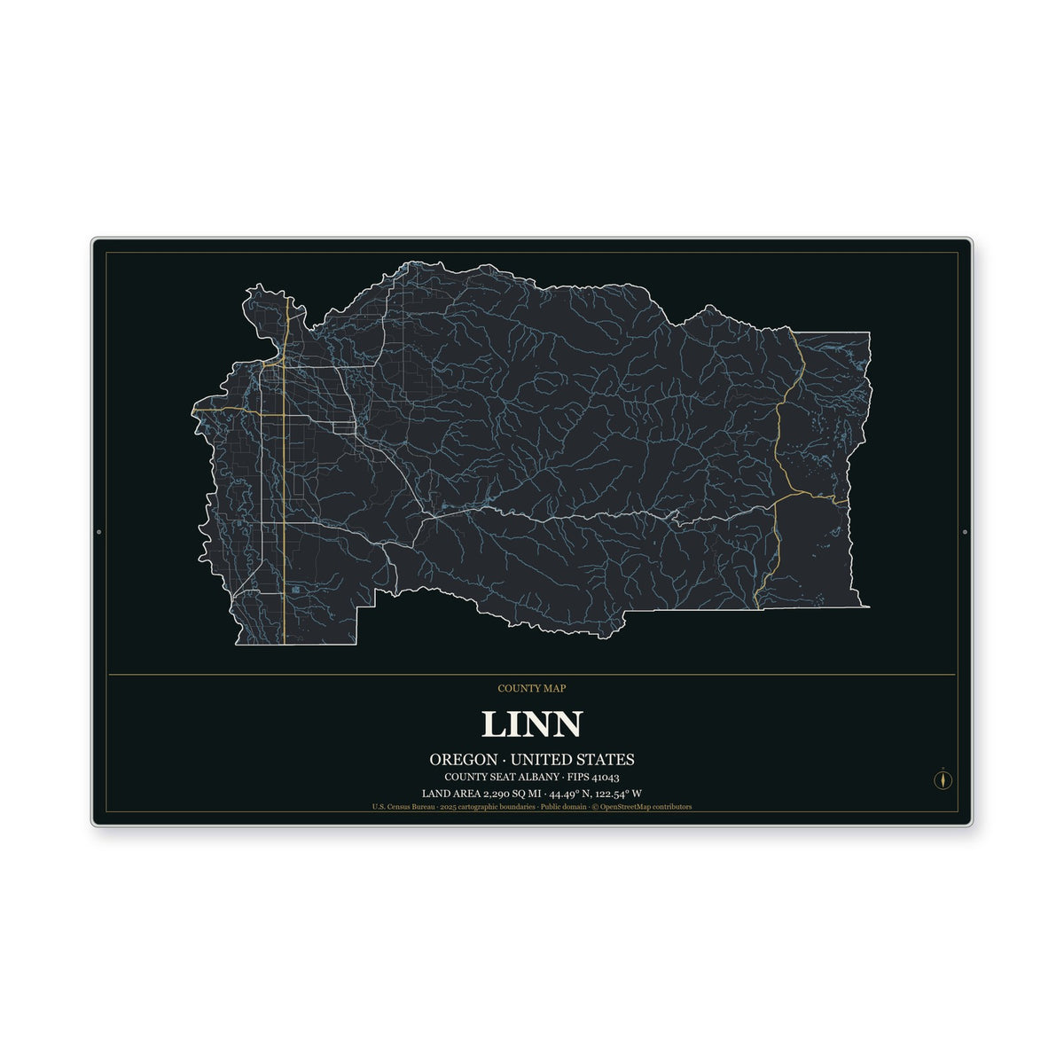 Linn County, Oregon Map Aluminum Sign in Metropolitan Noir style