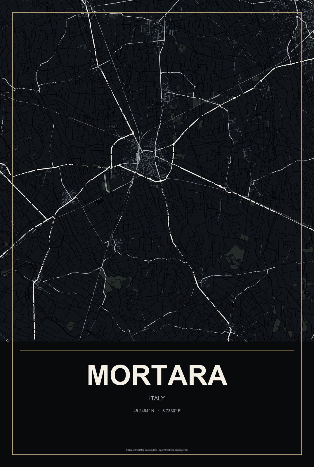 Mortara, Italy City Map Aluminum Sign in Metropolitan Noir style