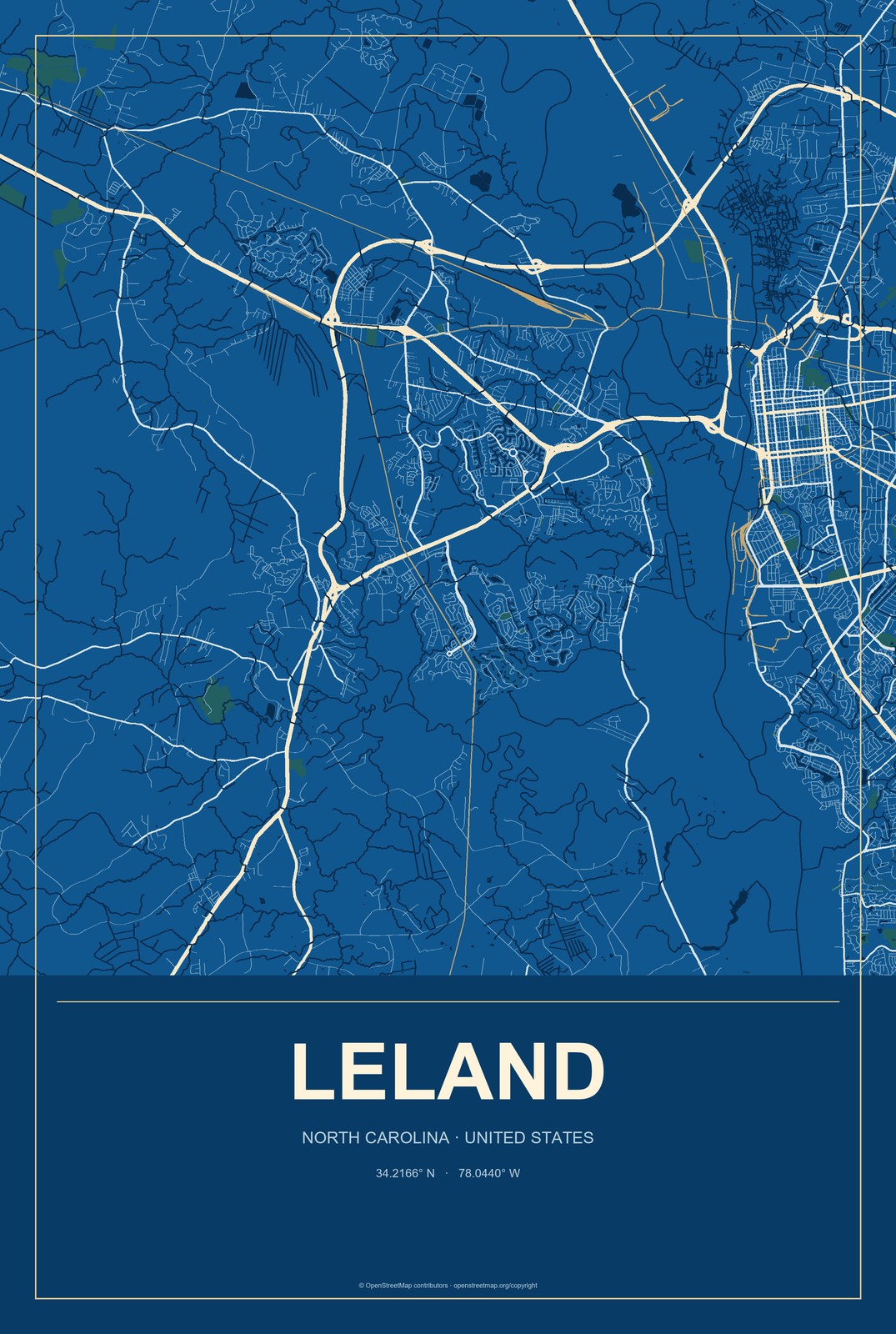 Leland, North Carolina City Map Aluminum Sign in Harbor Cobalt style