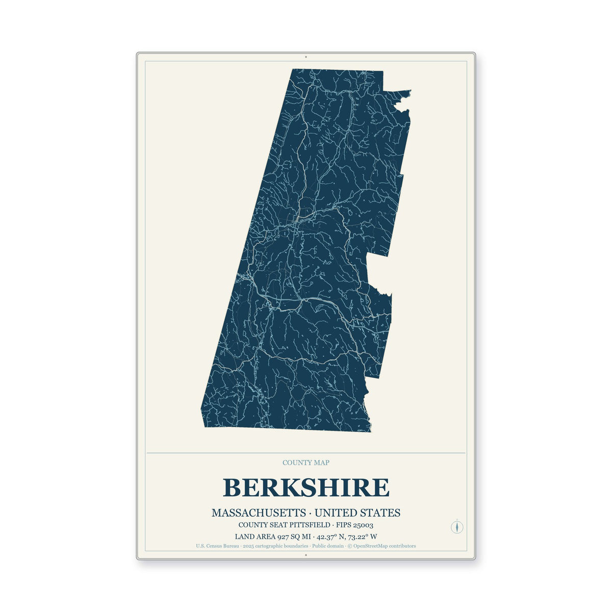 Berkshire County, Massachusetts Map Aluminum Sign in Coastal Cutout style