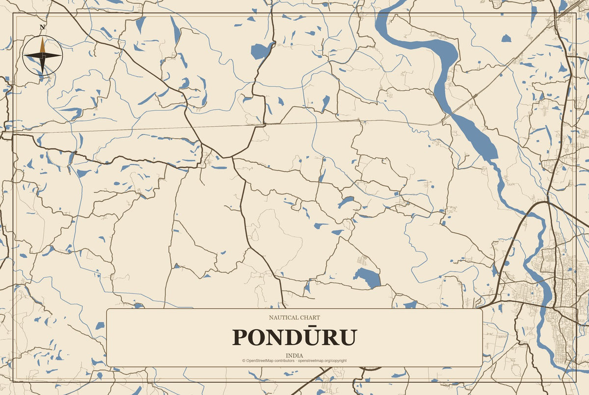 Pondūru, India City Map Aluminum Sign in Heritage Nautical style