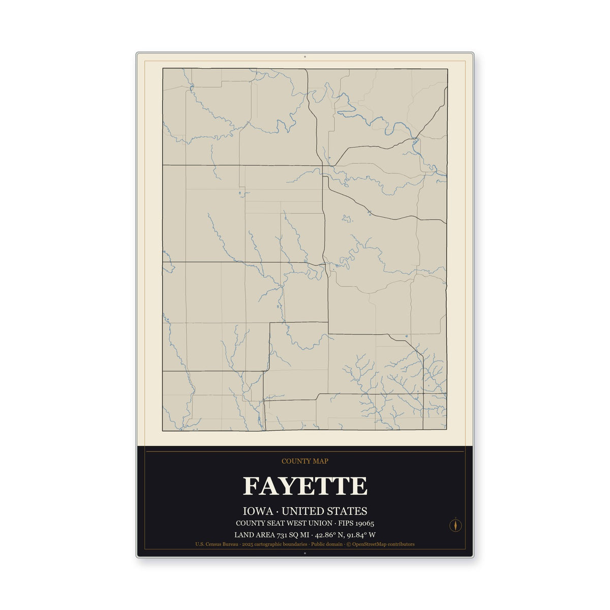 Fayette County, Iowa Map Aluminum Sign in Museum Plaque style