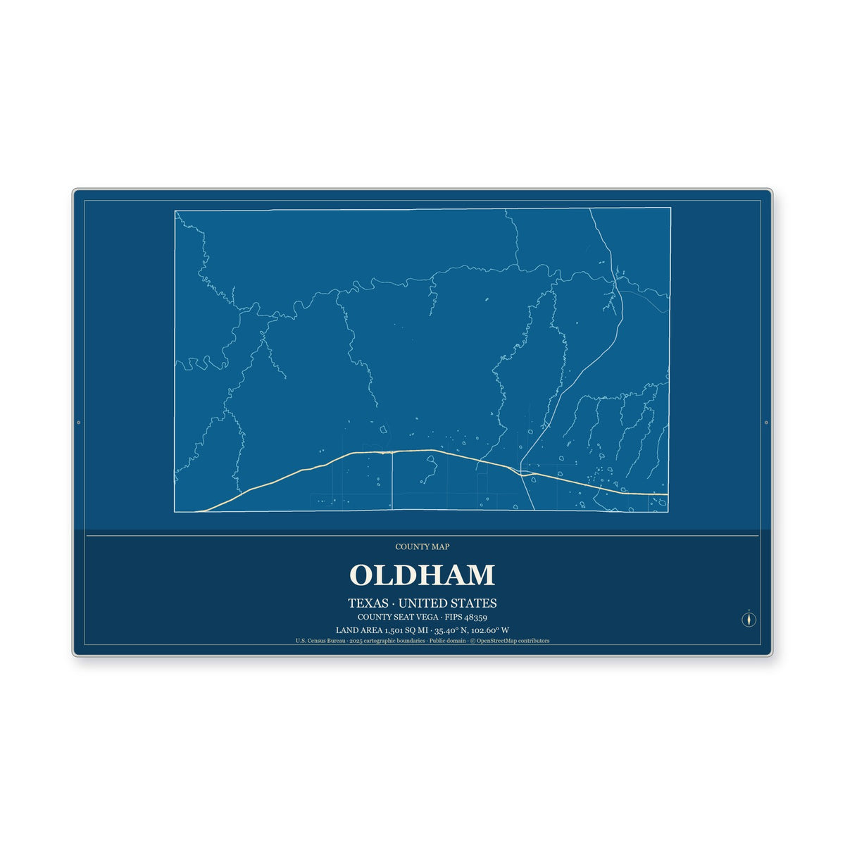 Oldham County, Texas Map Aluminum Sign in Harbor Cobalt style
