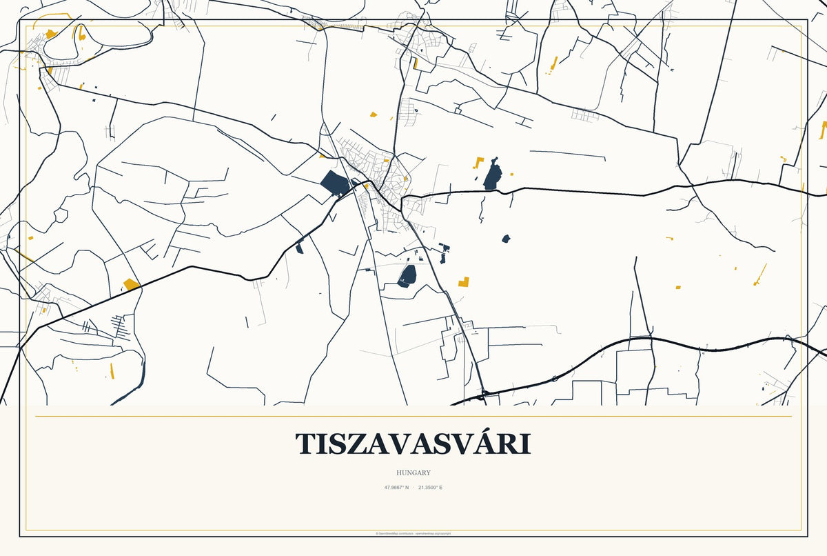 Tiszavasvári, Hungary City Map Aluminum Sign in Citrine Modern style