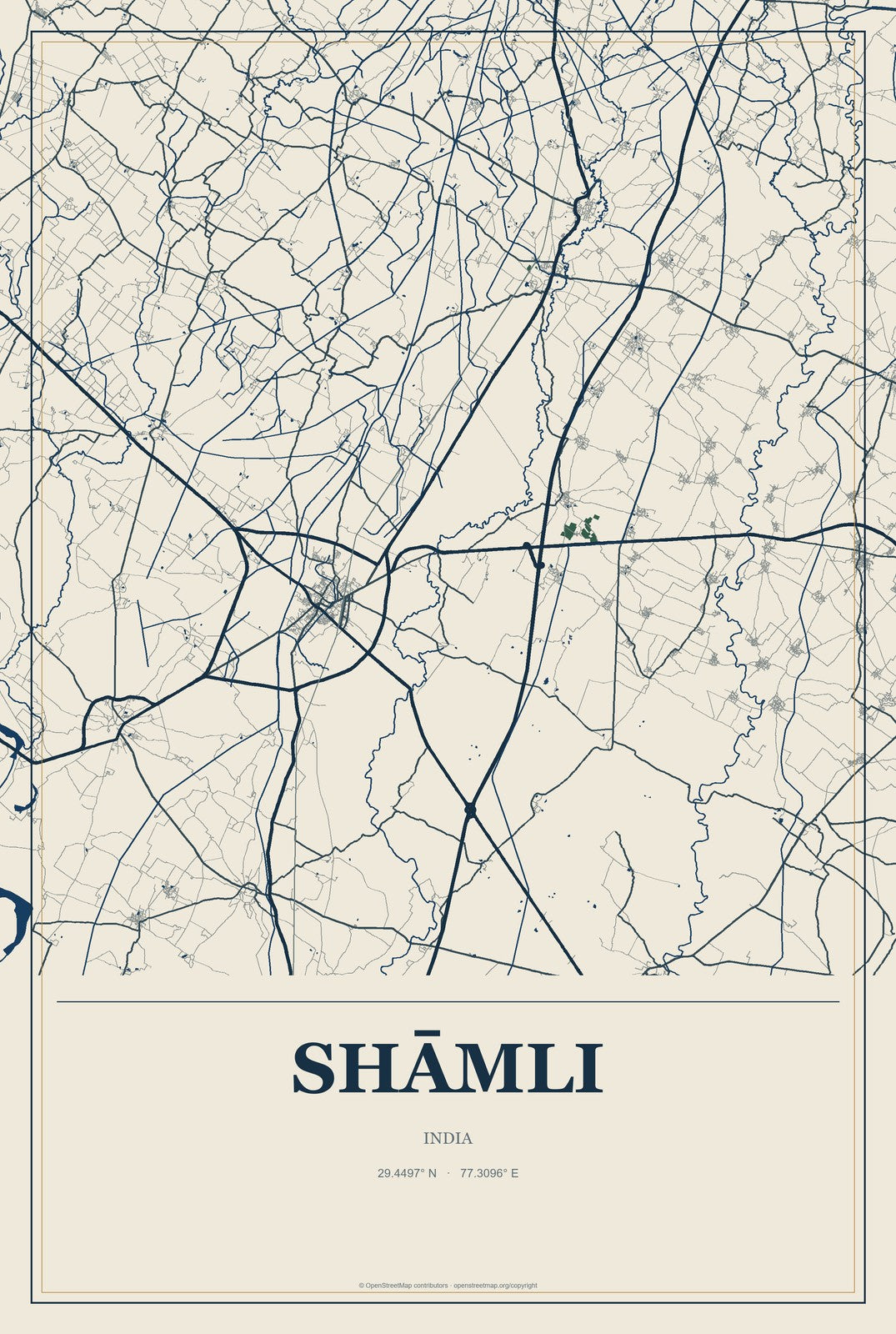 Shāmli, India City Map Aluminum Sign in Coastal Cutout style