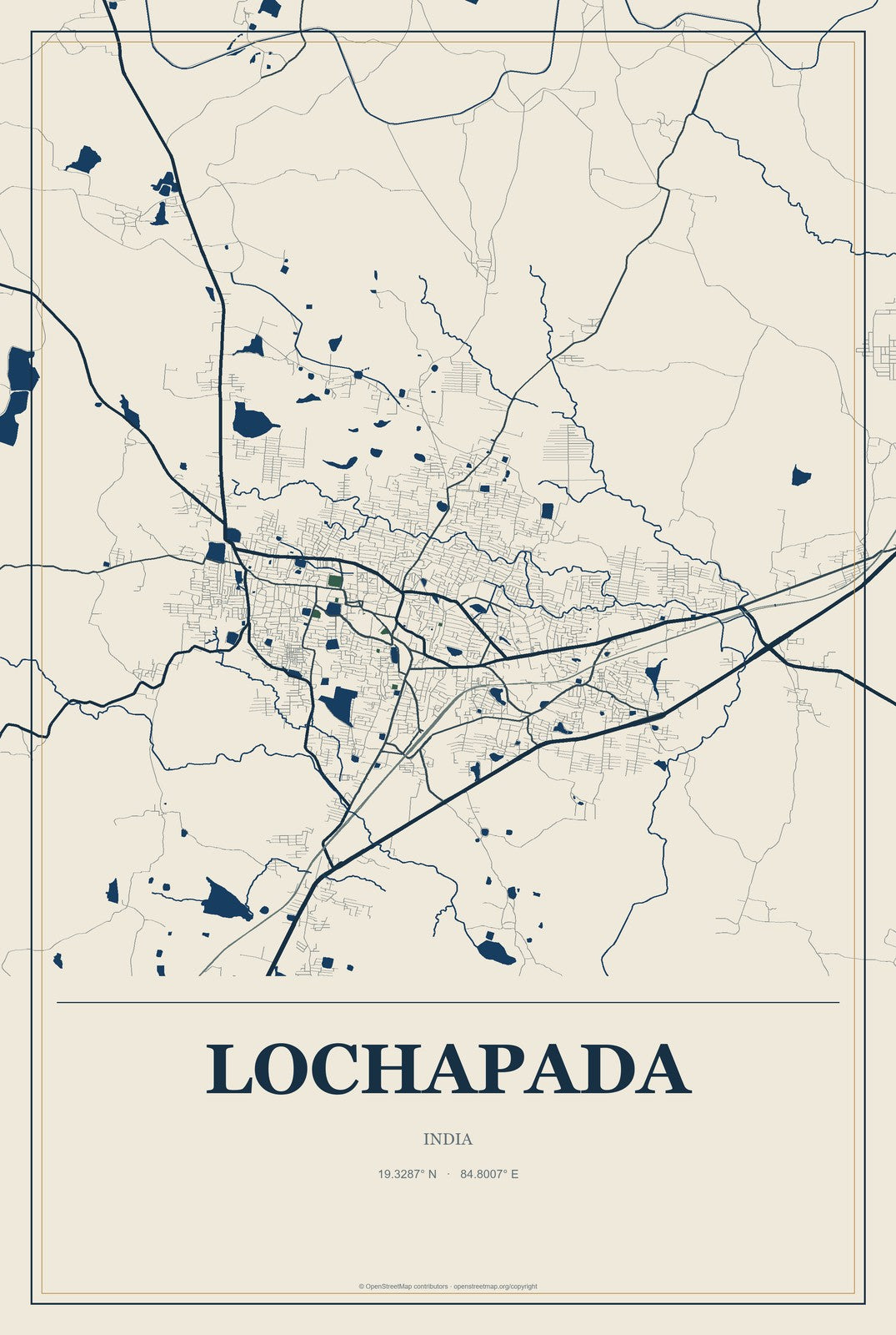 Lochapada, India City Map Aluminum Sign in Coastal Cutout style