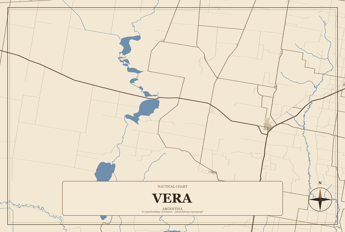 Vera, Argentina City Map Aluminum Sign in Heritage Nautical style