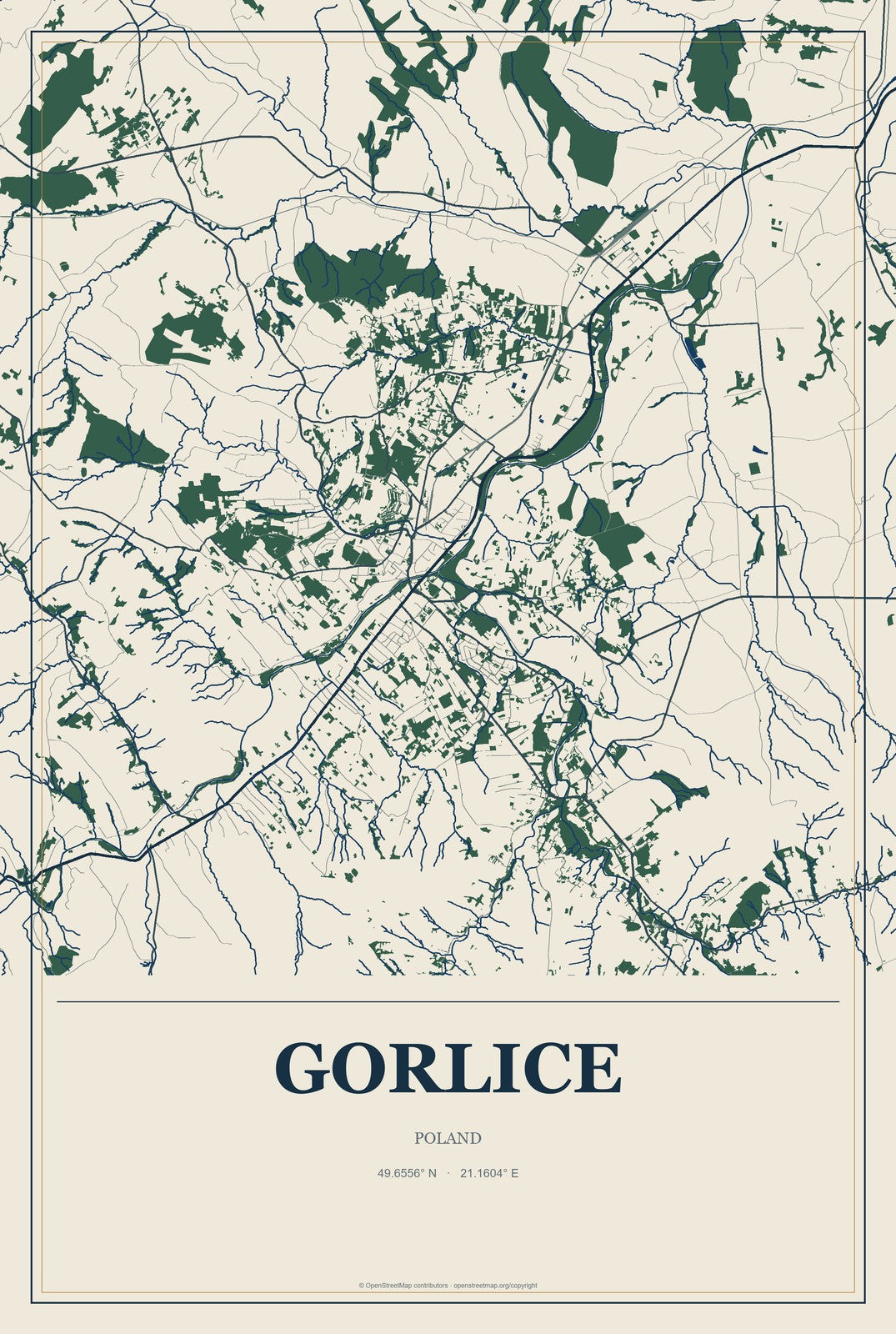 Gorlice, Poland City Map Aluminum Sign in Coastal Cutout style