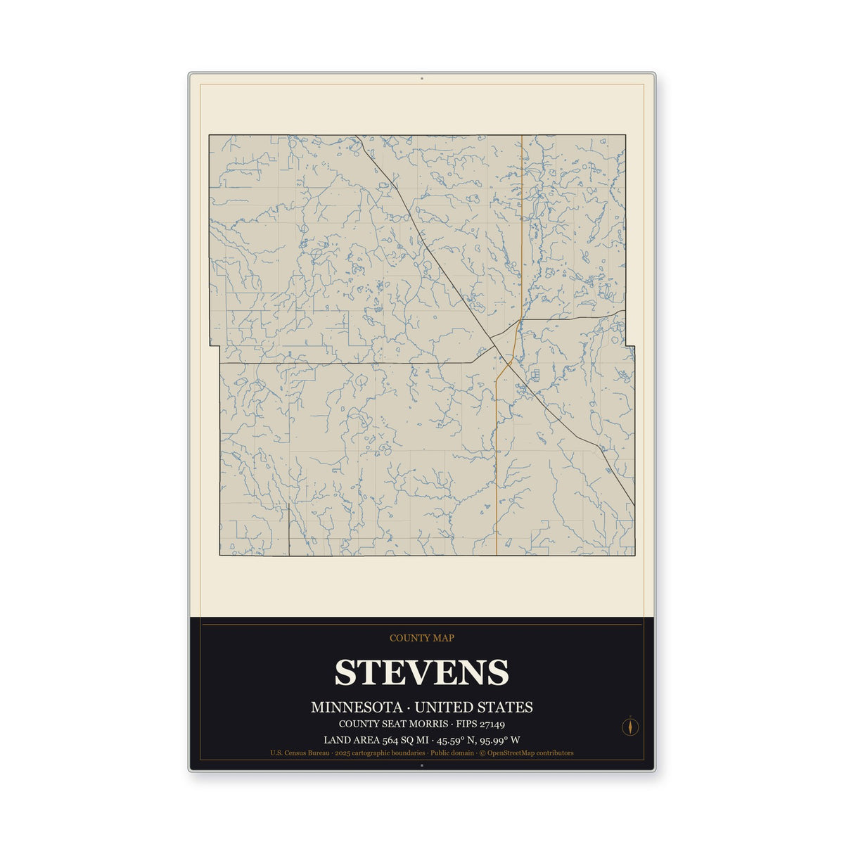 Stevens County, Minnesota Map Aluminum Sign in Museum Plaque style