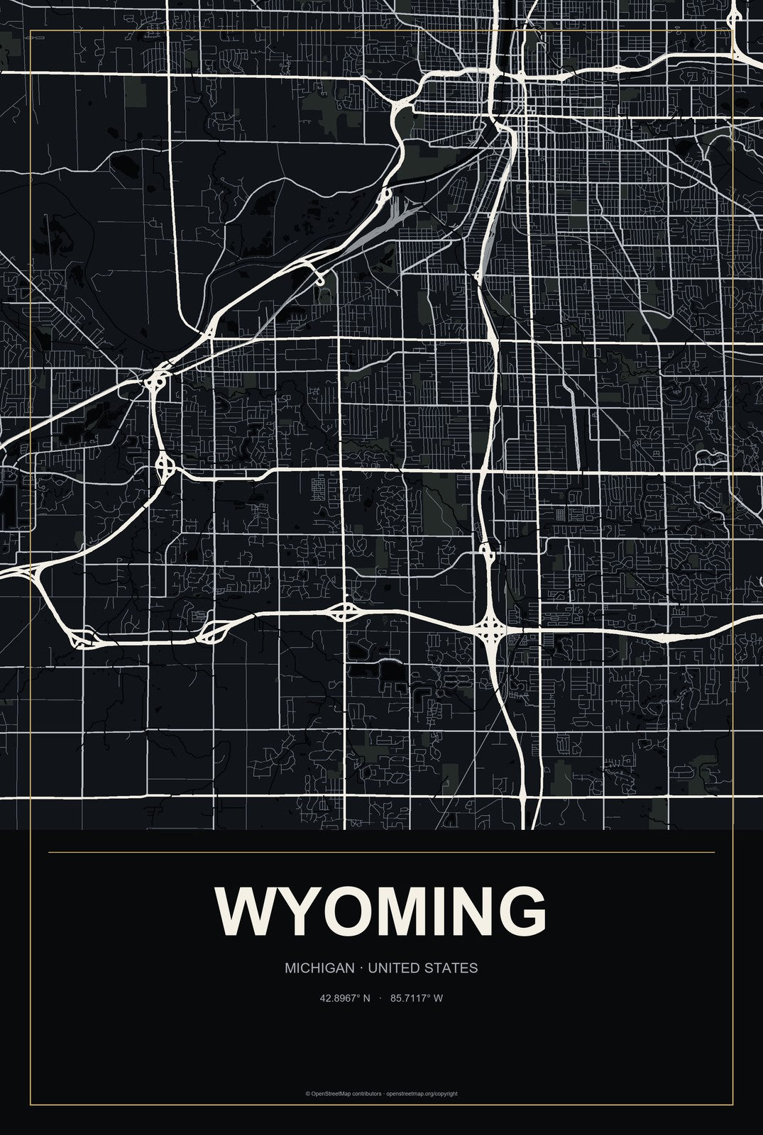 Wyoming, Michigan City Map Aluminum Sign in Metropolitan Noir style