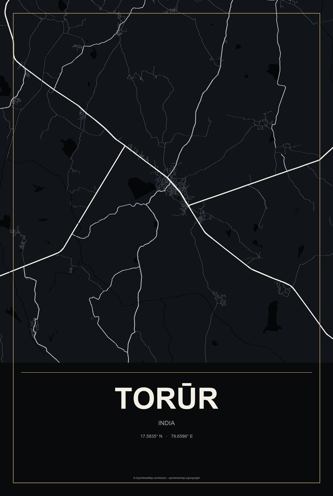 Torūr, India City Map Aluminum Sign in Metropolitan Noir style