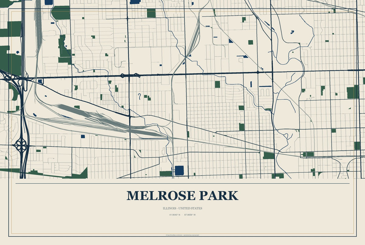 Melrose Park, Illinois City Map Aluminum Sign in Coastal Cutout style