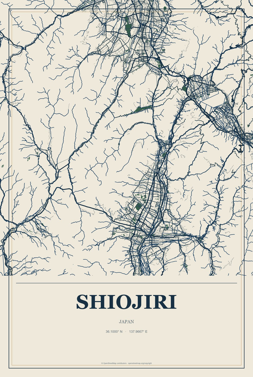 Shiojiri, Japan City Map Aluminum Sign in Coastal Cutout style