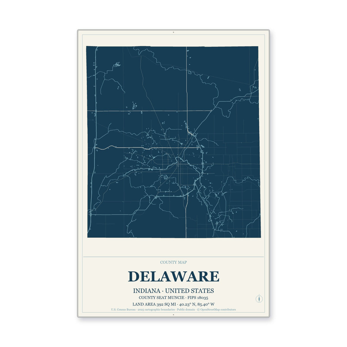Delaware County, Indiana Map Aluminum Sign in Coastal Cutout style