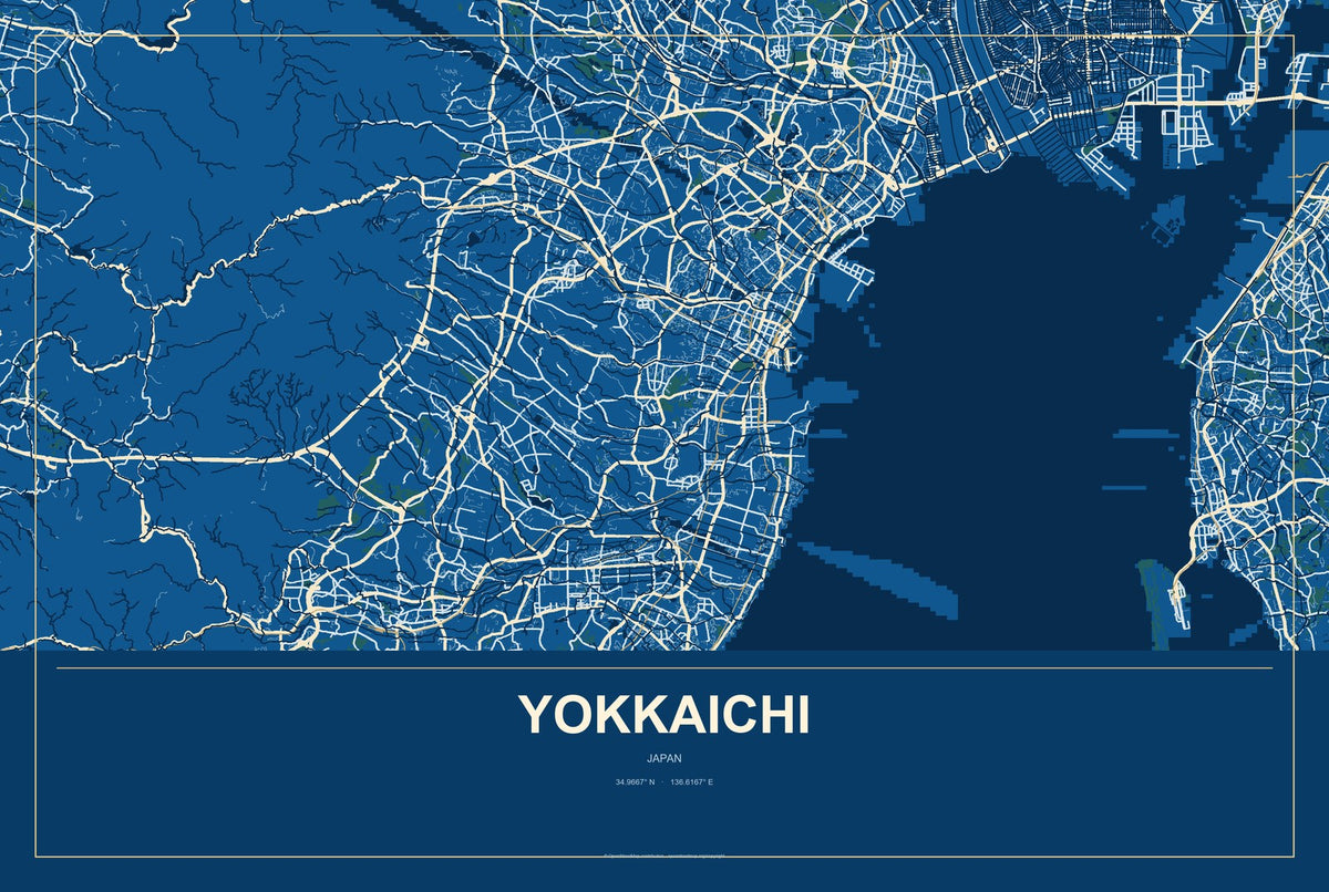 Yokkaichi, Oita, Japan City Map Aluminum Sign in Harbor Cobalt style