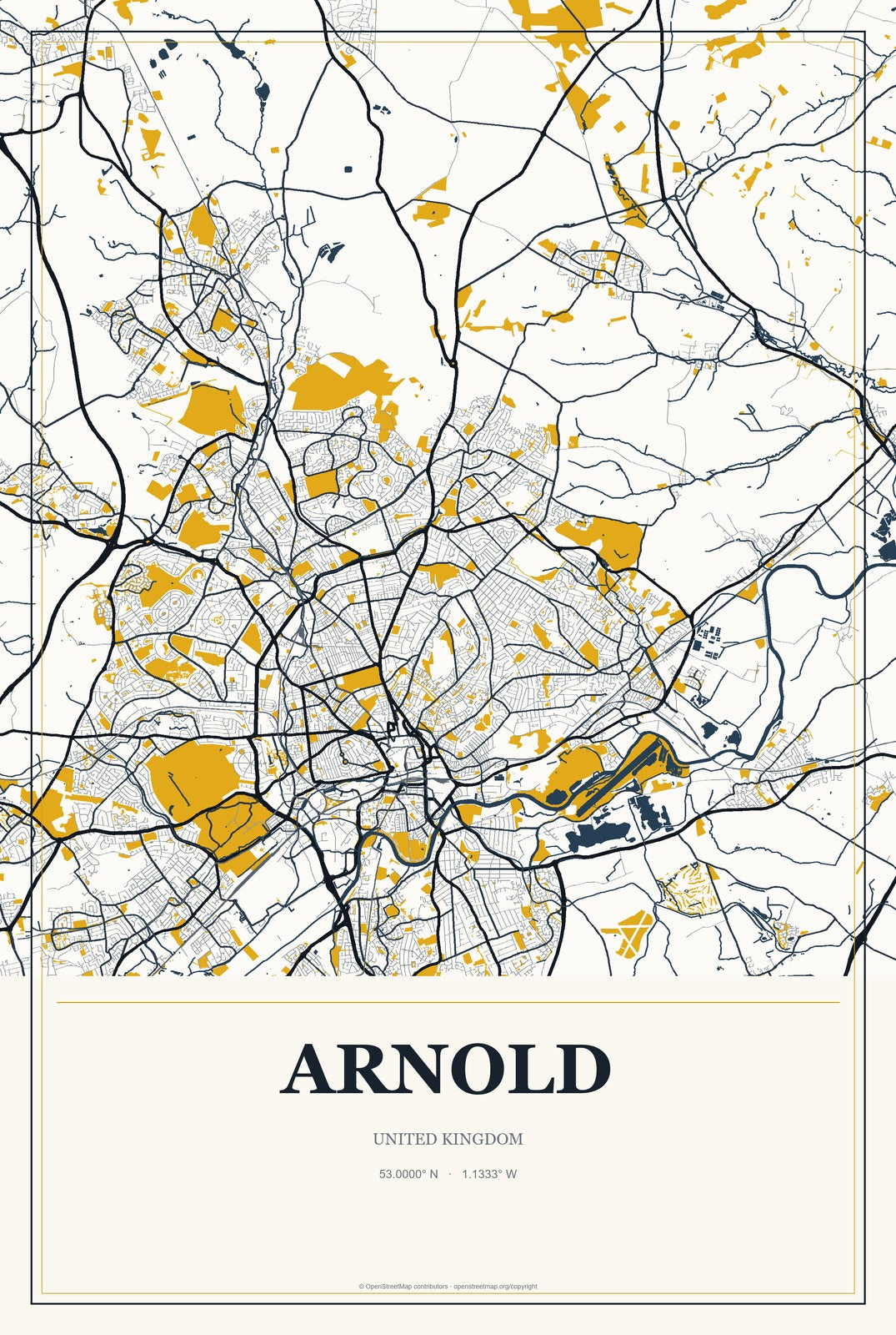 Arnold, United Kingdom City Map Aluminum Sign in Citrine Modern style