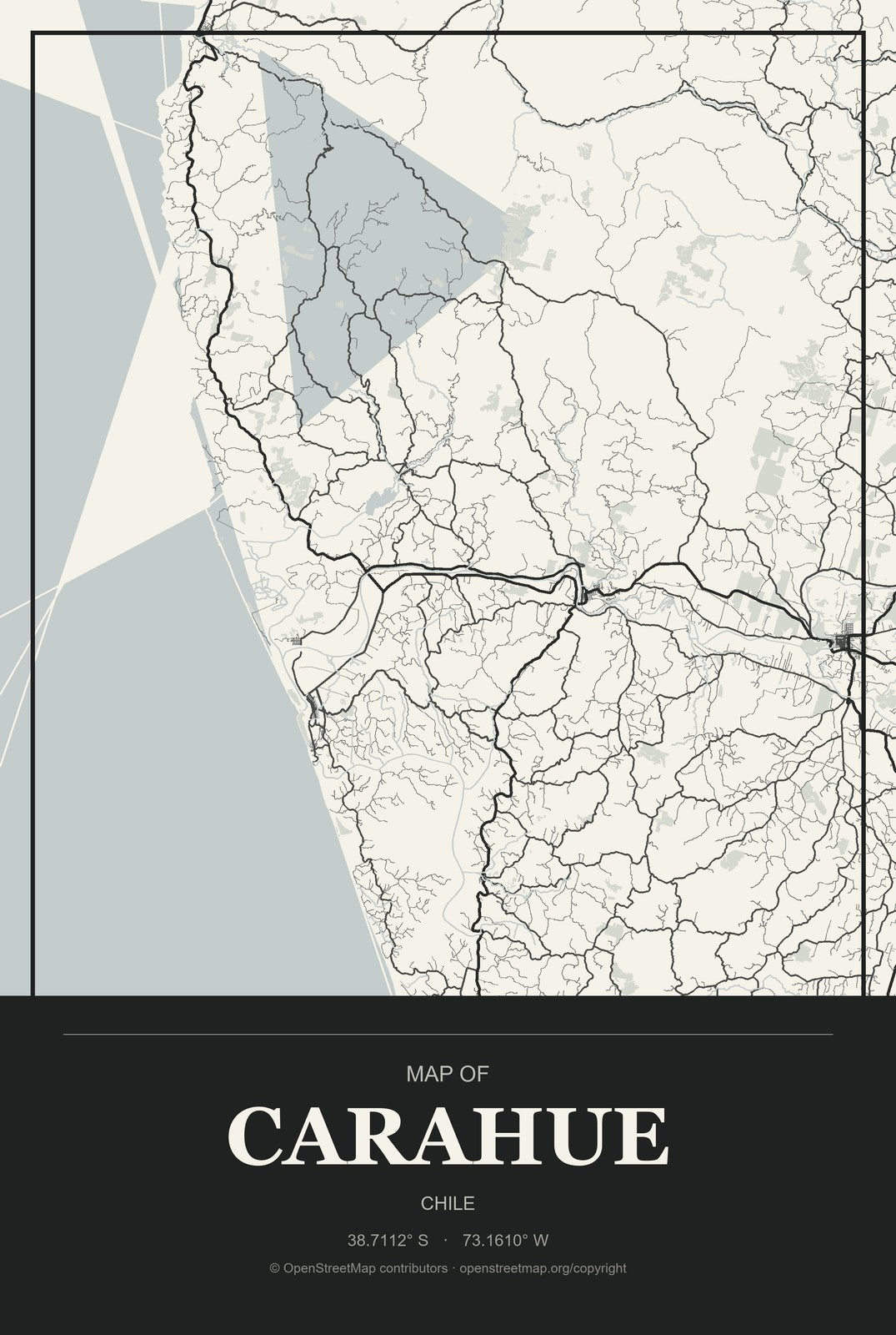 Carahue, Chile City Map Aluminum Sign in Museum Plaque style