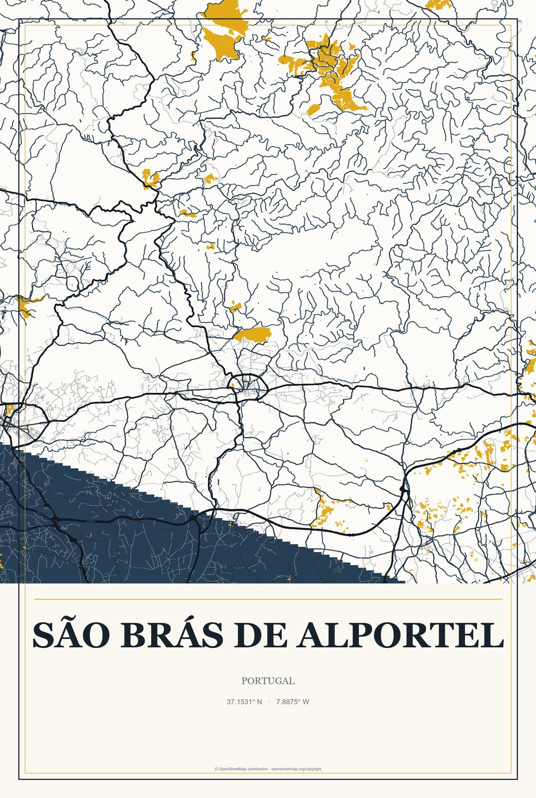 São Brás de Alportel, Portugal City Map Aluminum Sign in Citrine Modern style