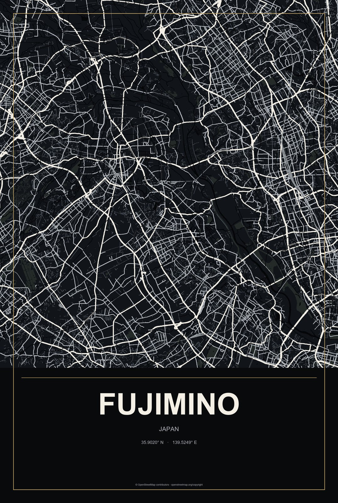 Fujimino, Japan City Map Aluminum Sign in Metropolitan Noir style