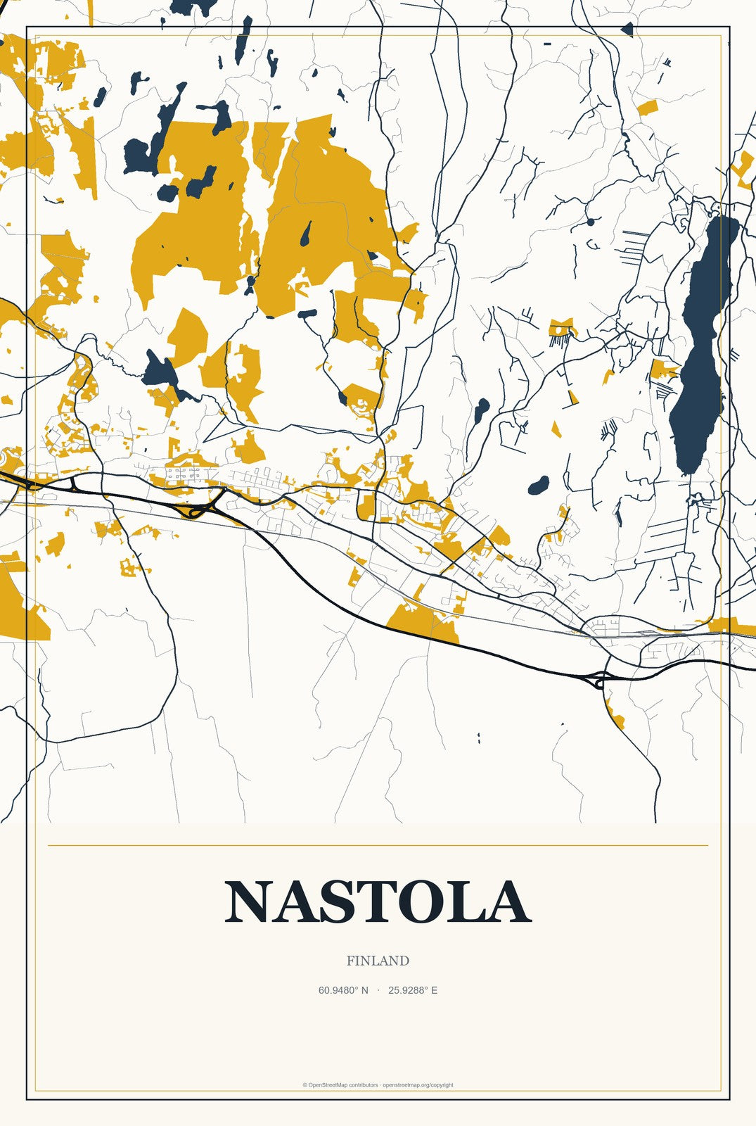 Nastola, Finland City Map Aluminum Sign in Citrine Modern style