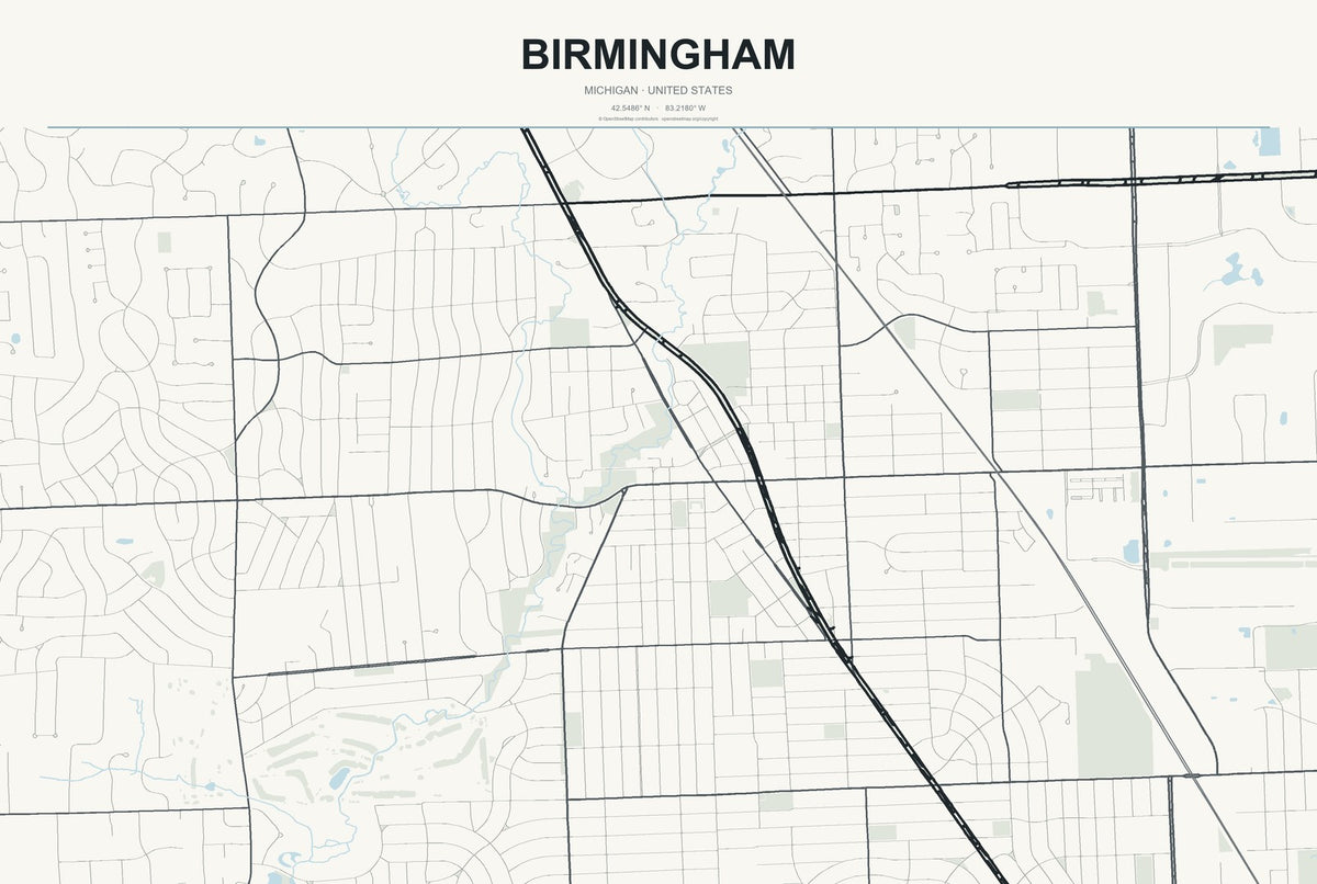 Birmingham, Michigan City Map Aluminum Sign in Headline Atlas style