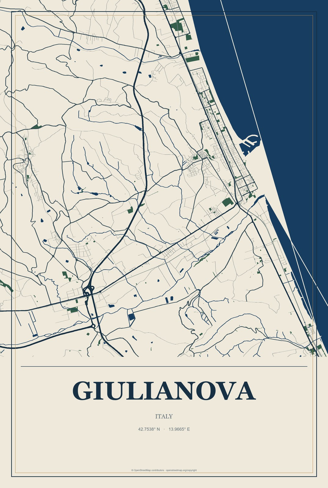 Giulianova, Italy City Map Aluminum Sign in Coastal Cutout style