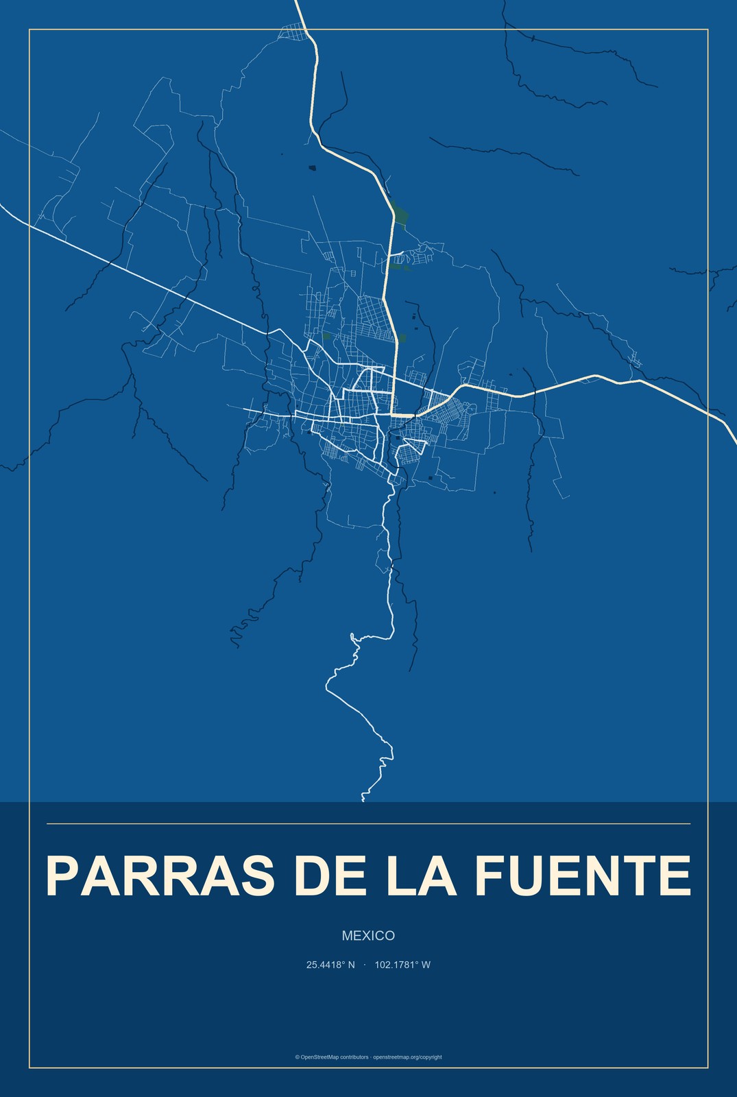 Parras de la Fuente, Mexico City Map Aluminum Sign in Harbor Cobalt style
