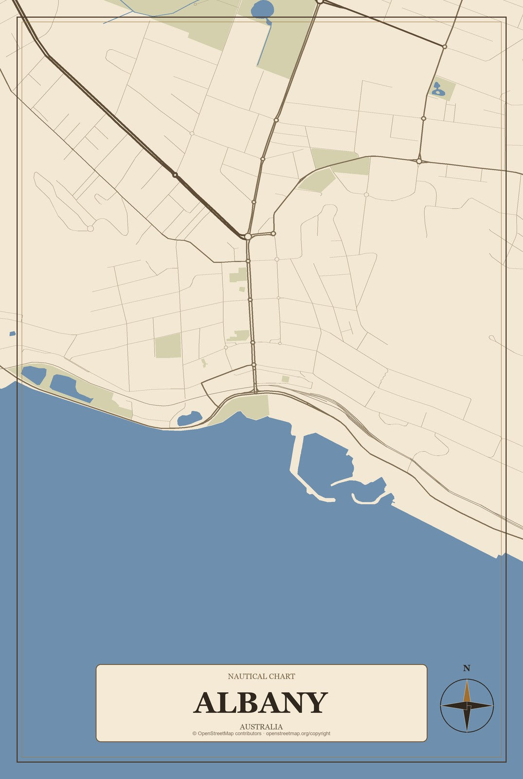 Albany, Australia City Map Aluminum Sign in Heritage Nautical style