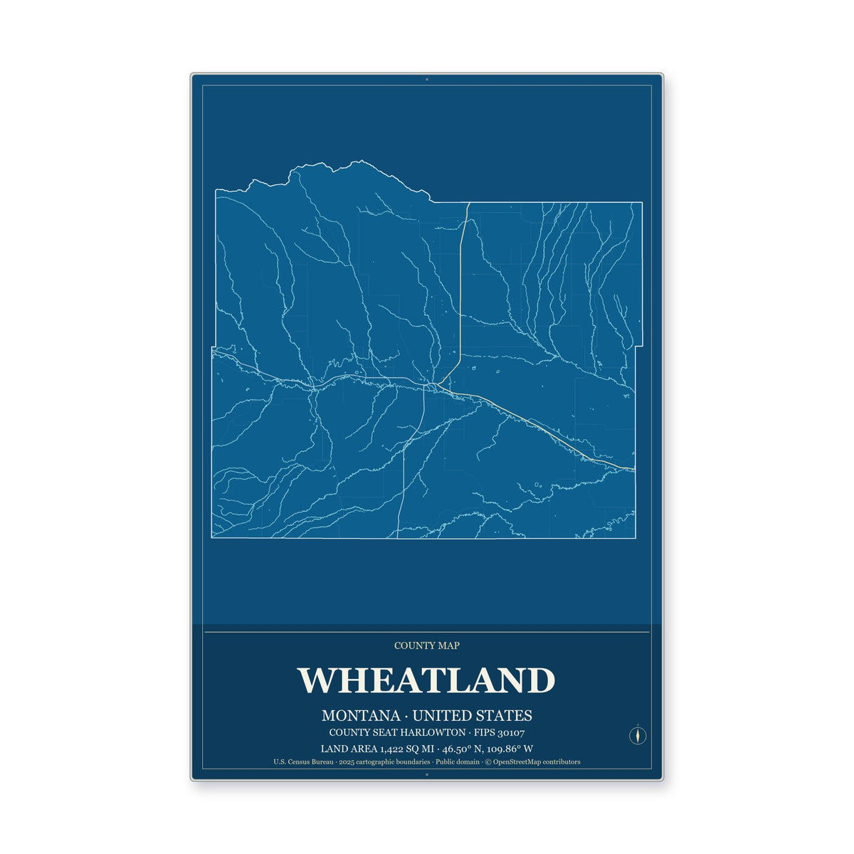 Wheatland County, Montana Map Aluminum Sign in Harbor Cobalt style