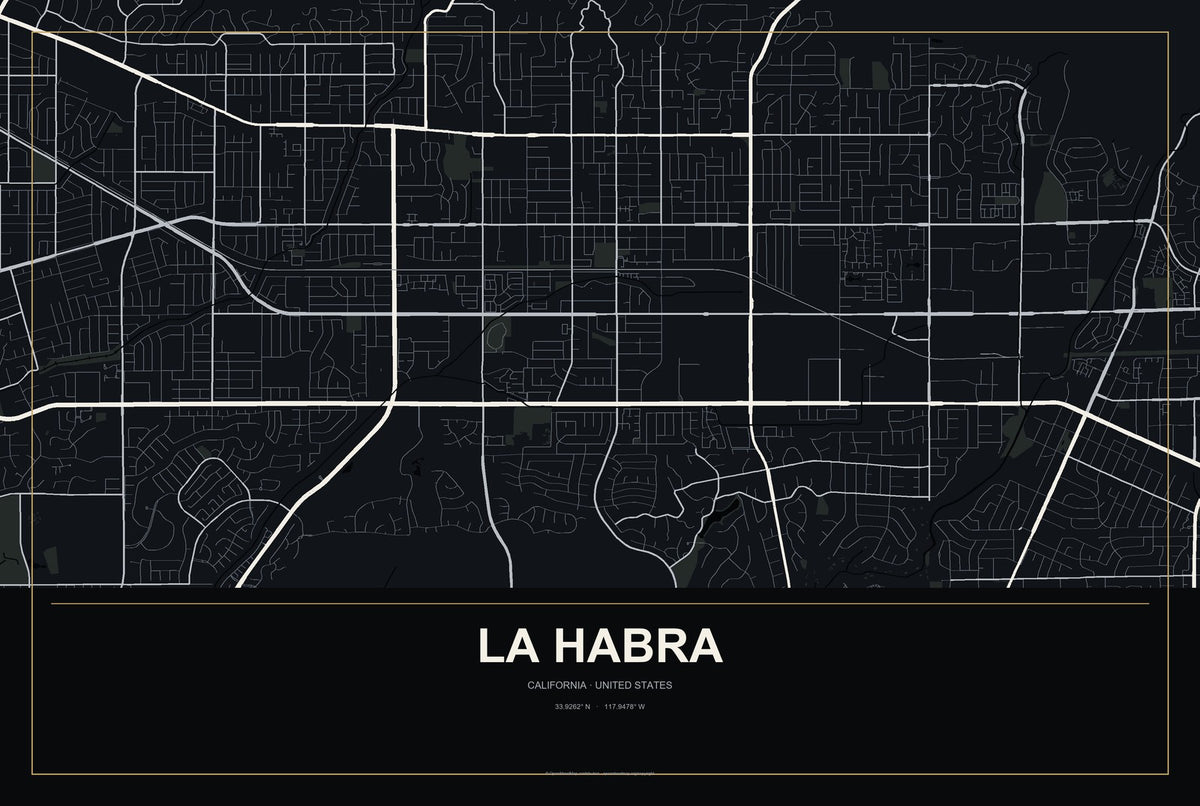 La Habra, California City Map Aluminum Sign in Metropolitan Noir style