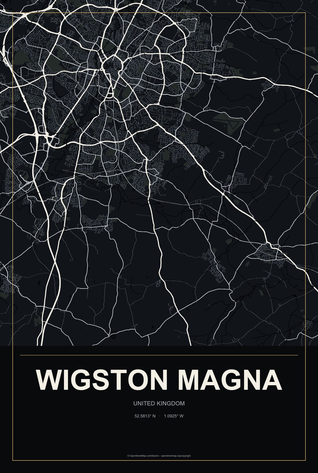 Wigston Magna, United Kingdom City Map Aluminum Sign in Metropolitan Noir style