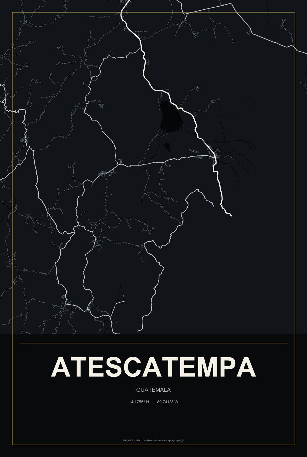 Atescatempa, Guatemala City Map Aluminum Sign in Metropolitan Noir style