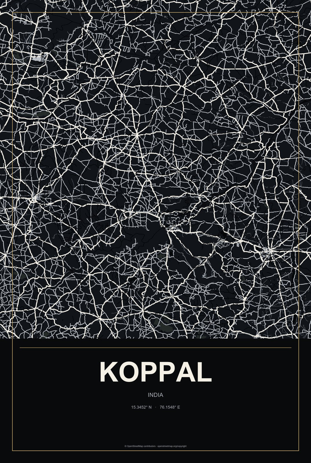 Koppal, India City Map Aluminum Sign in Metropolitan Noir style