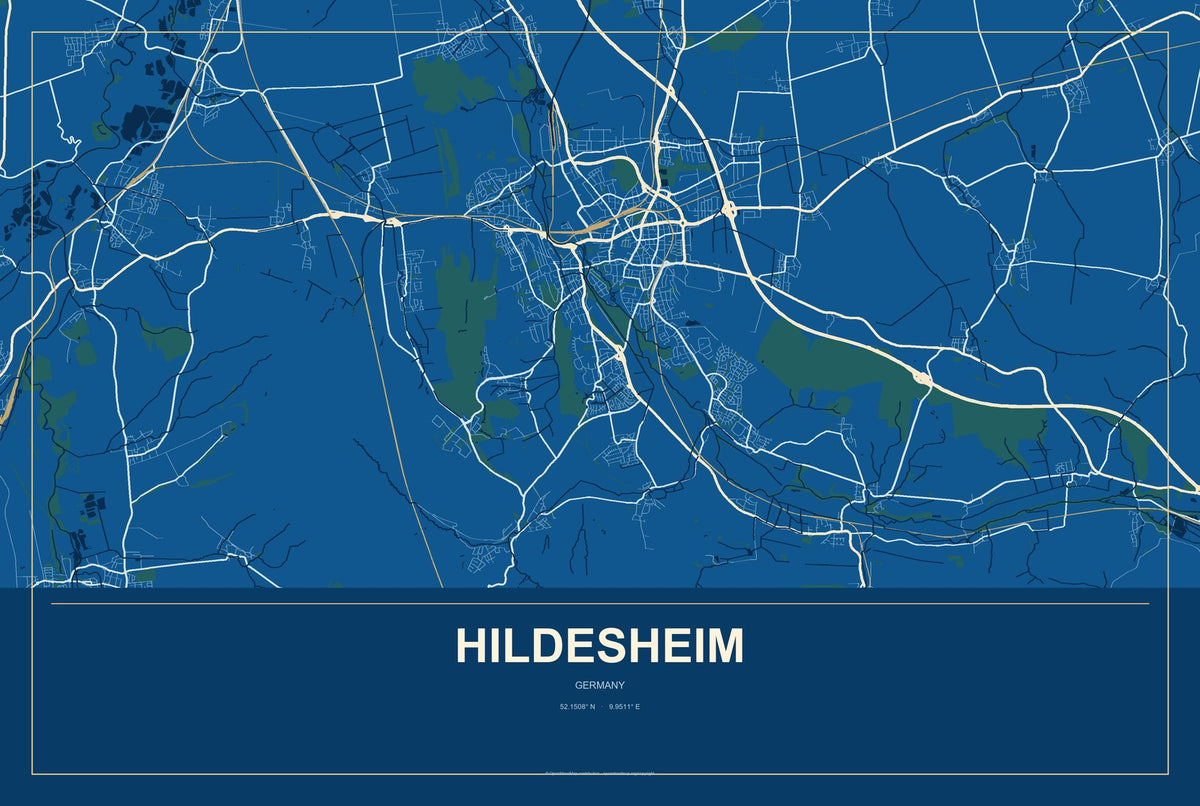 Hildesheim, Germany City Map Aluminum Sign in Harbor Cobalt style