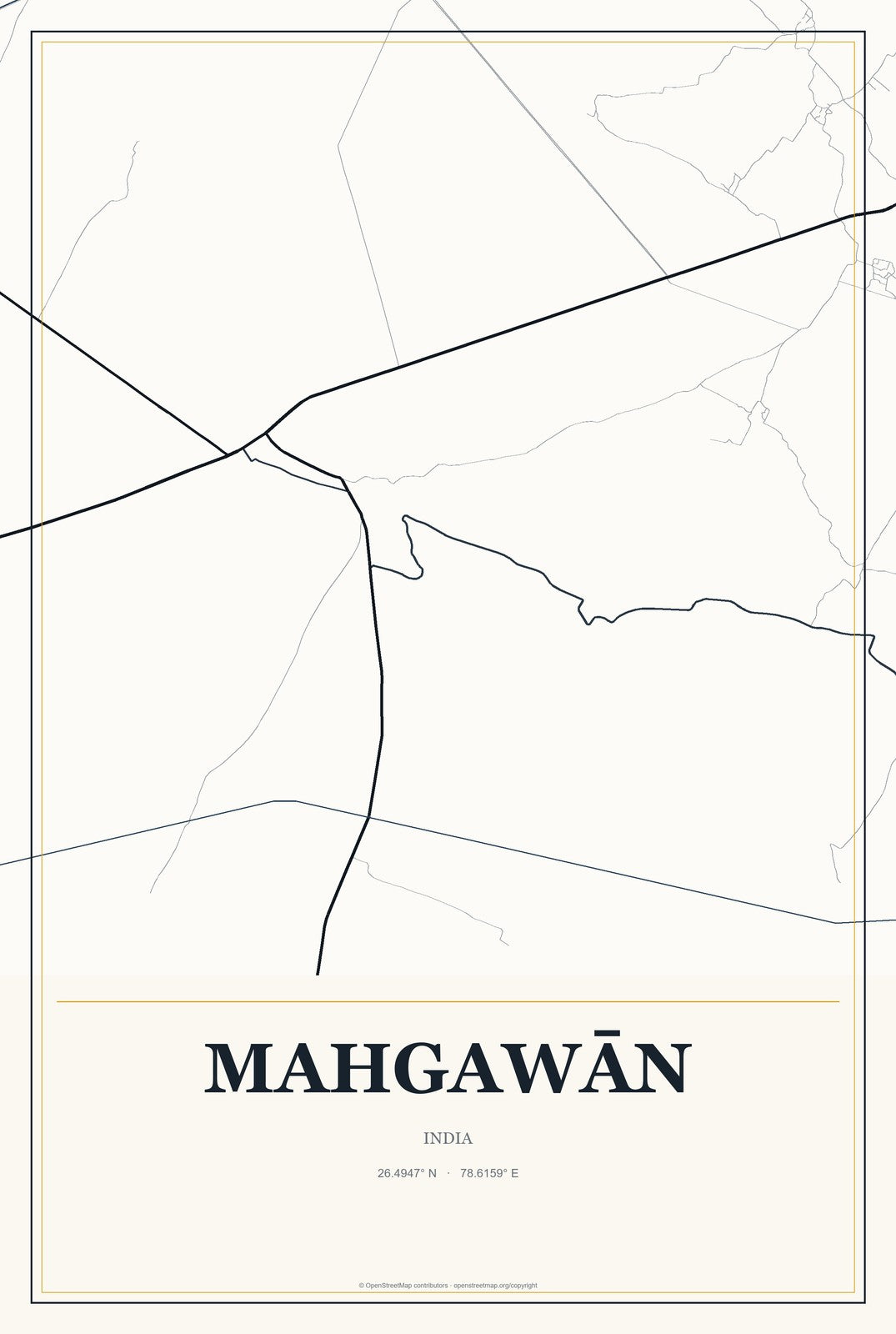Mahgawān, India City Map Aluminum Sign in Citrine Modern style