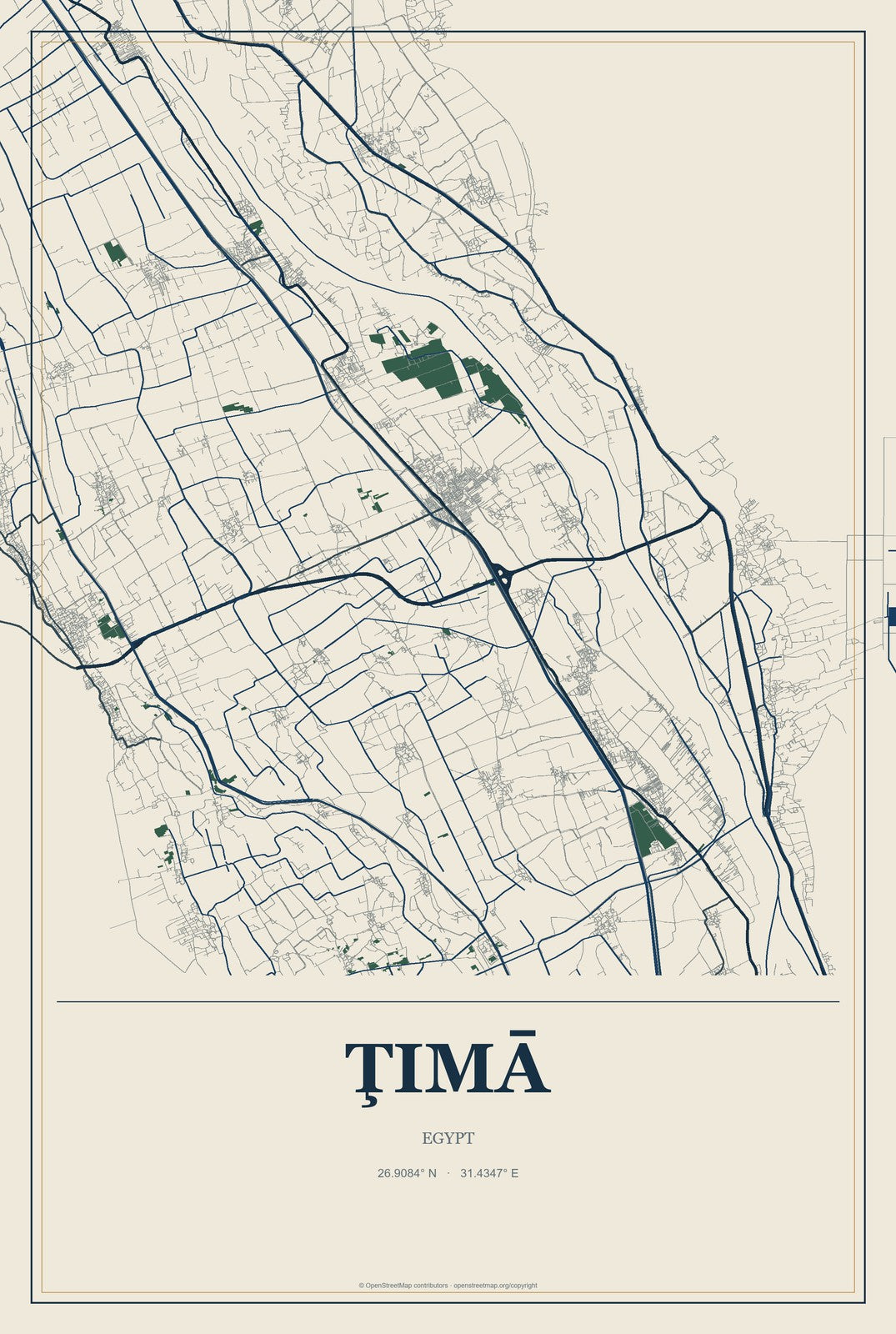 Ţimā, Egypt City Map Aluminum Sign in Coastal Cutout style