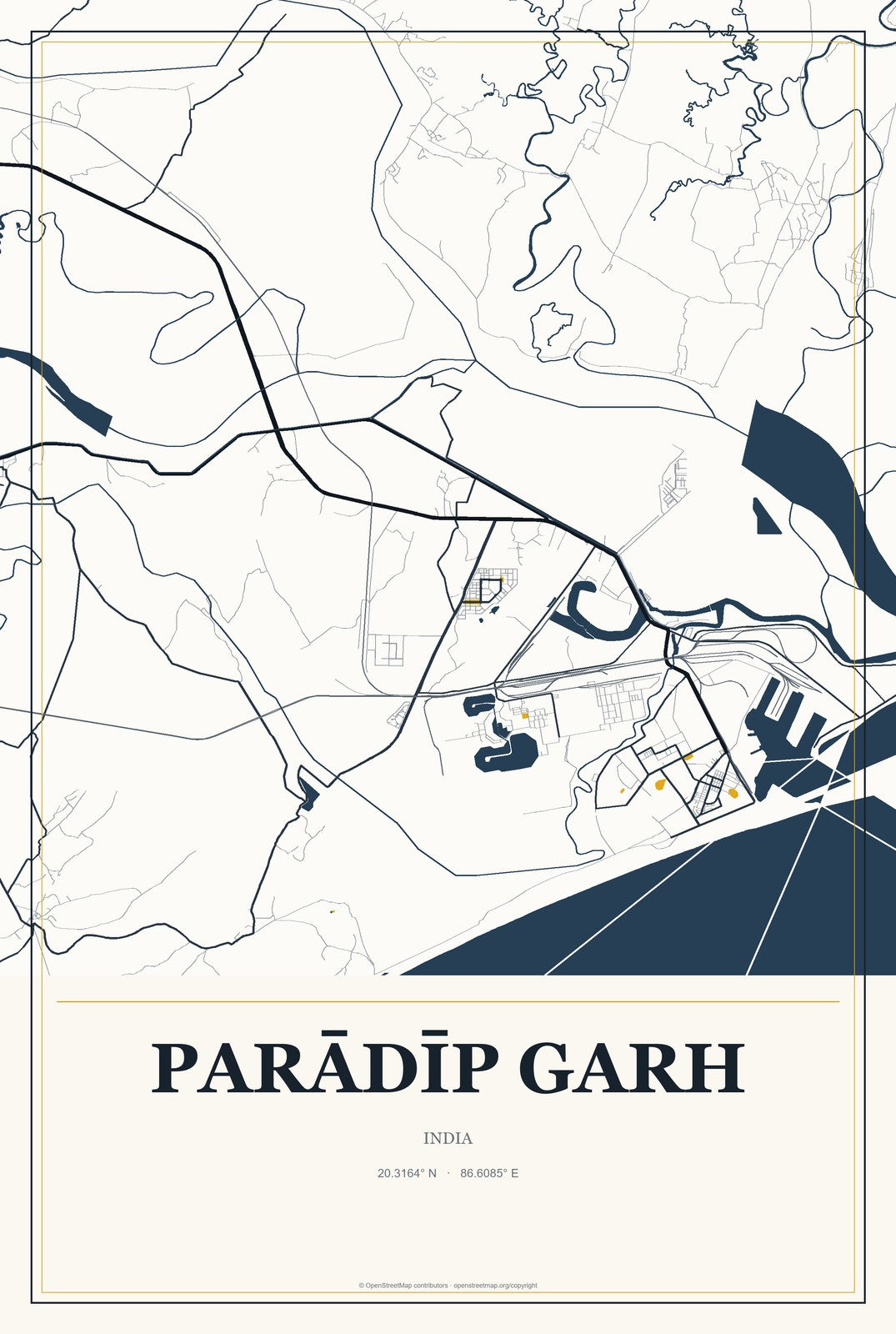 Parādīp Garh, India City Map Aluminum Sign in Citrine Modern style